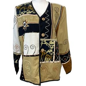 Indigo Moon  Patchwork Animal Print Embroidered Artsy Boho Jacket Women Large